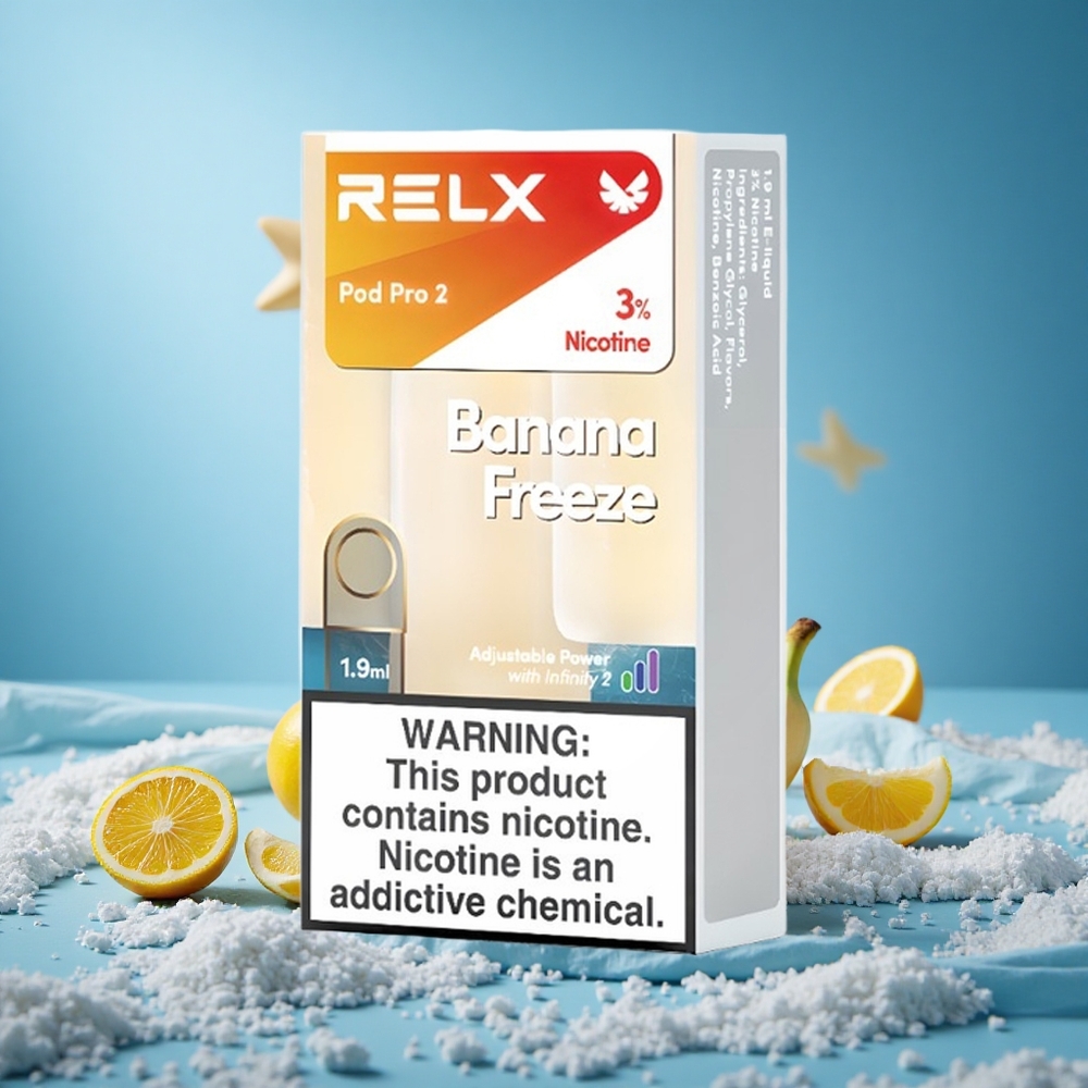 Relx Pod Pro 2 600 Puffs Banana Freeze 3% Nicotine 1.9ml Vape Capacity 3 Voltage Modes grossiste puff 2 Pods/Pack