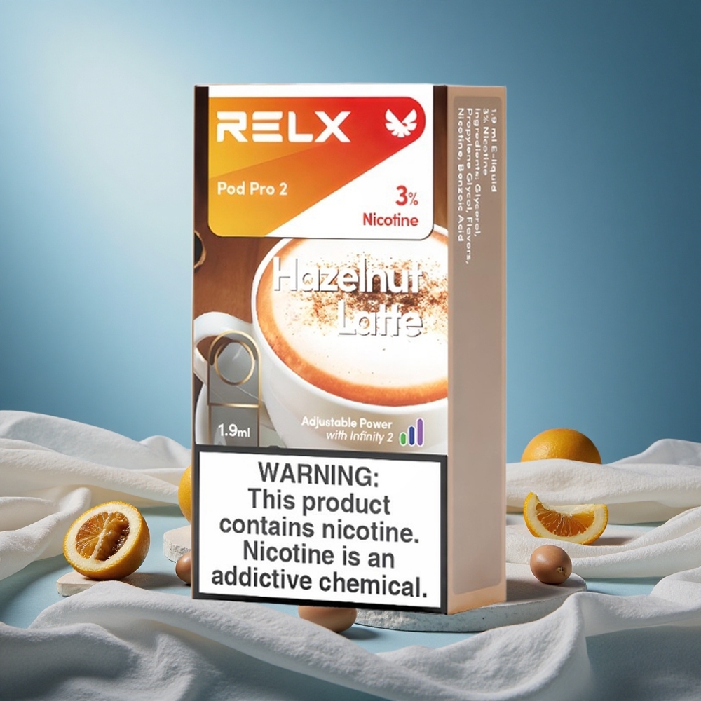 Relx Pod Pro 2 600 Puffs Hazelnut Latte 3% Nicotine 1.9ml 3 Voltage Modes grossiste puff