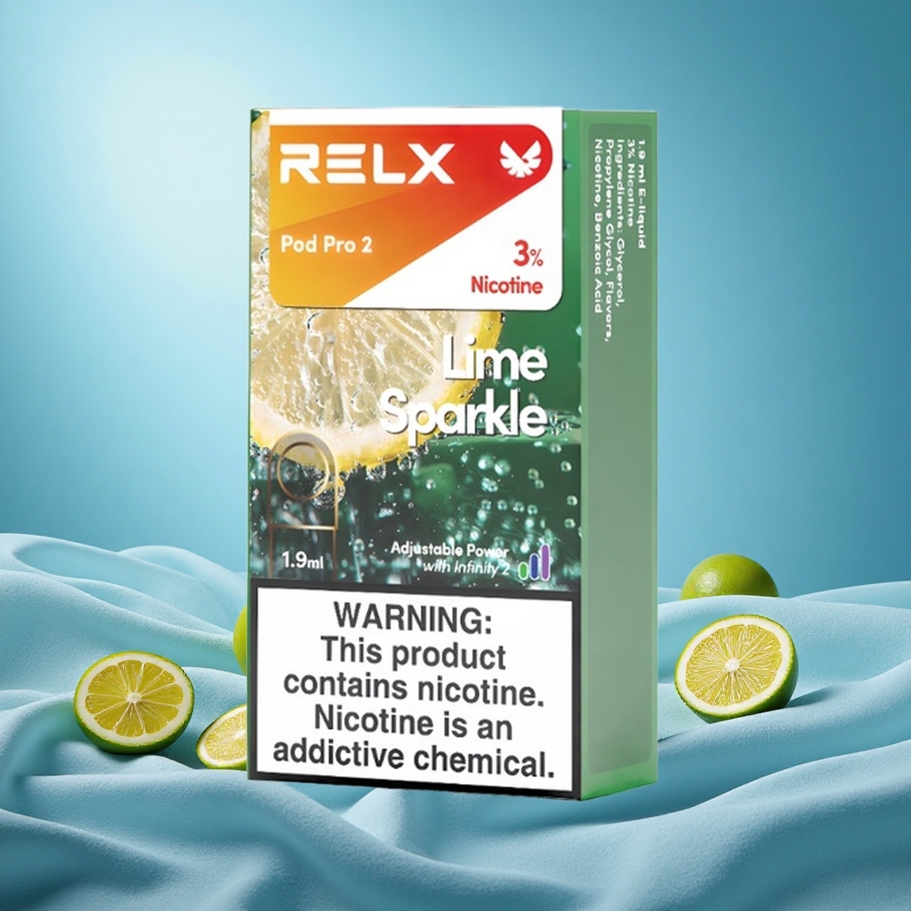 Relx Pod Pro 2 600 Puffs Lime Sparkle 3% Nicotine 1.9ml 3 Voltage Modes grossiste puff 2 Pods/Pack