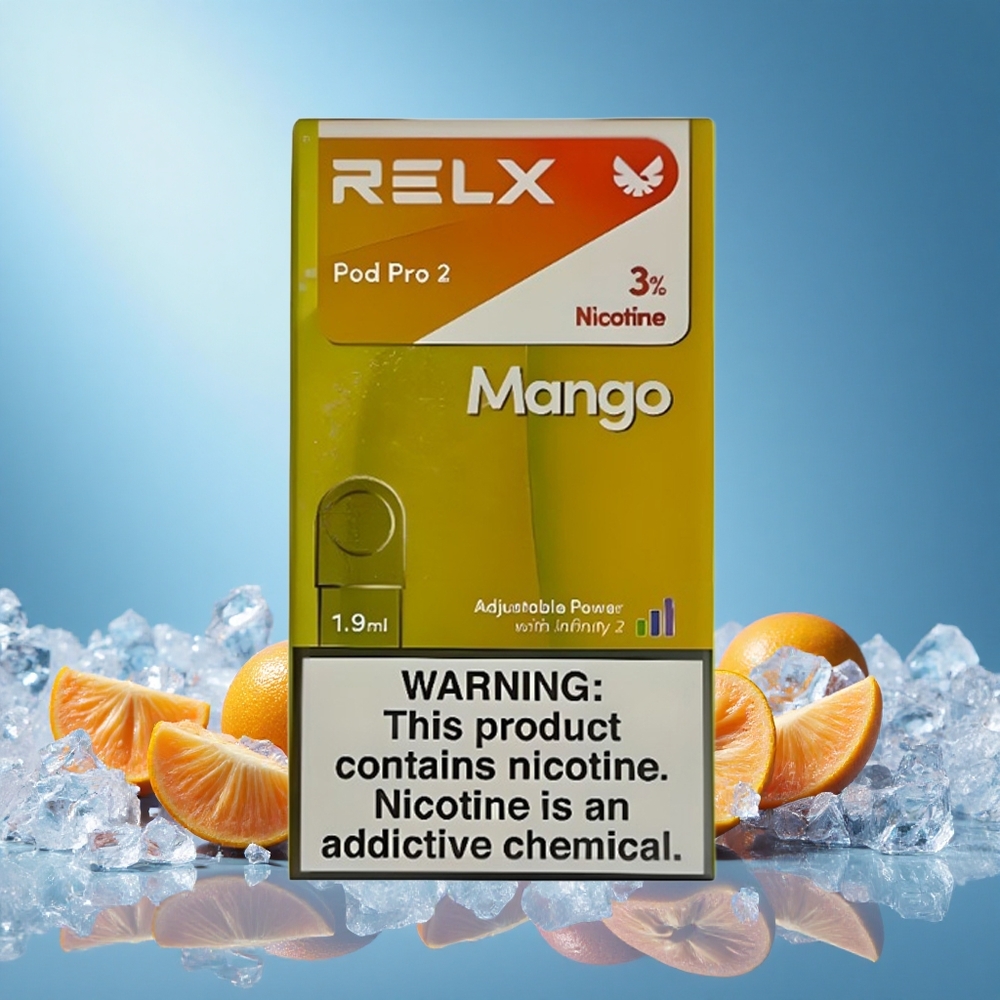 Relx Pod Pro 2 600 Puffs Mango Ice 3% Nicotine 1.9ml 3 Voltage Modes grossiste puff 2 Pods/Pack