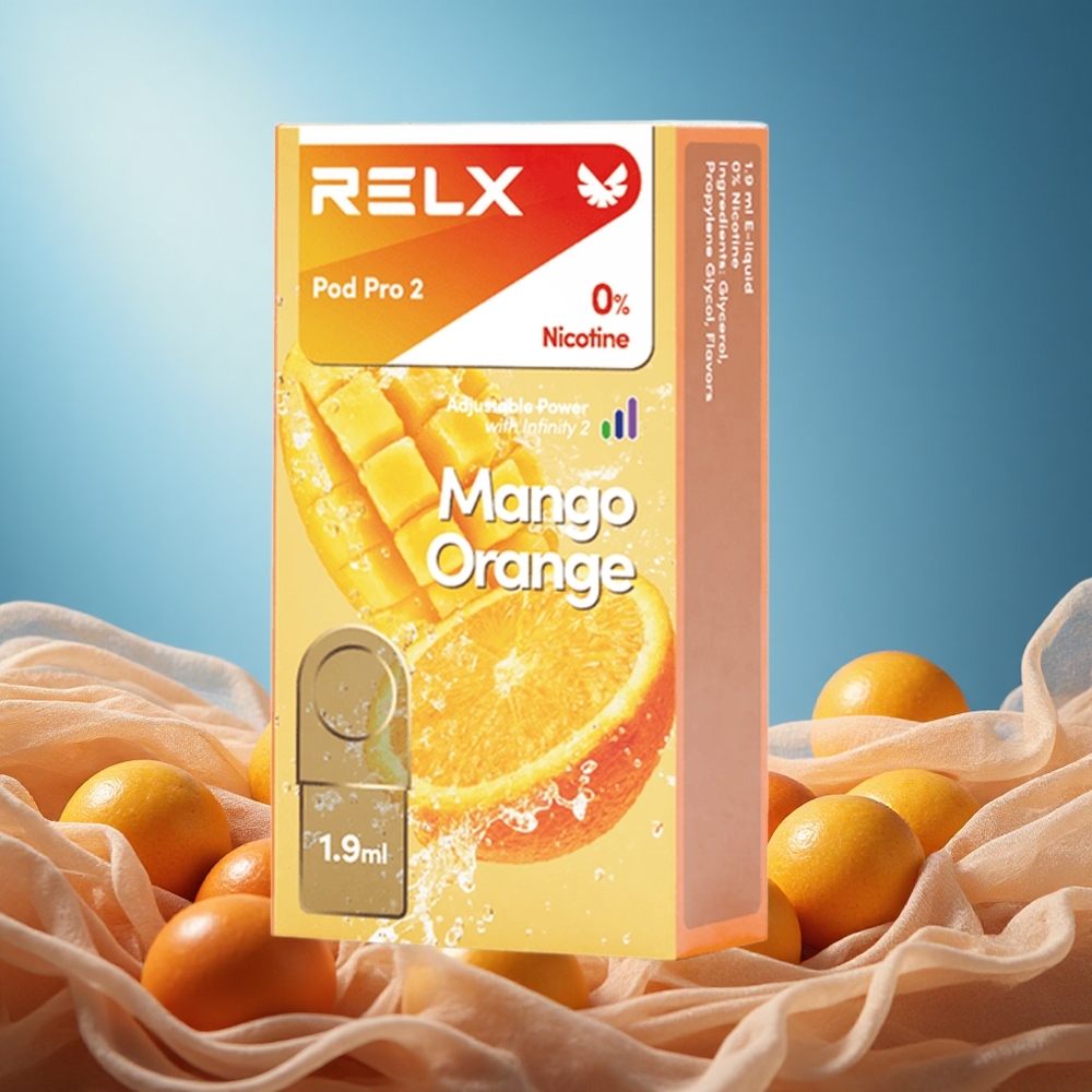 Relx Pod Pro 2 600 Puffs Mango Orange 0% Nicotine 1.9ml 3 Voltage Modes grossiste puff 2 Pods/Pack