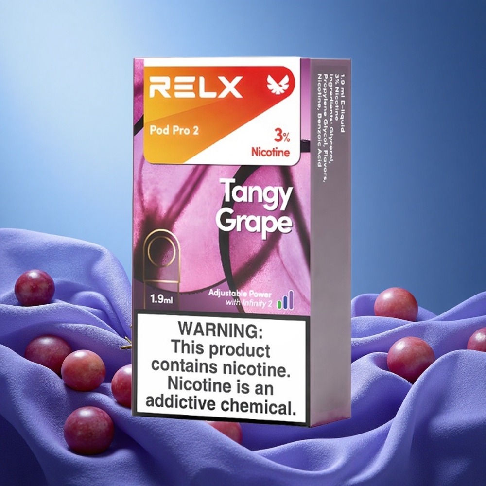 Relx Pod Pro 2 600 Puffs Tangy Grape 3% Nicotine 1.9ml 3 Voltage Modes grossiste puff 2 Pods/Pack