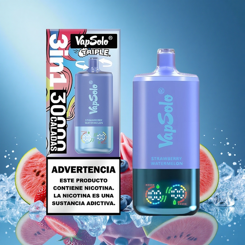 VapSolo Triple 30000 Puffs 40ml 3 Oil Tank Type-C Strawberry Watermelon & Blueberry Ice grossiste puff