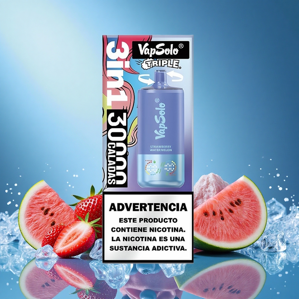 VapSolo Triple 30000 Puffs 40ml 3 Oil Tank Type-C Strawberry Watermelon & Blueberry Ice grossiste puff