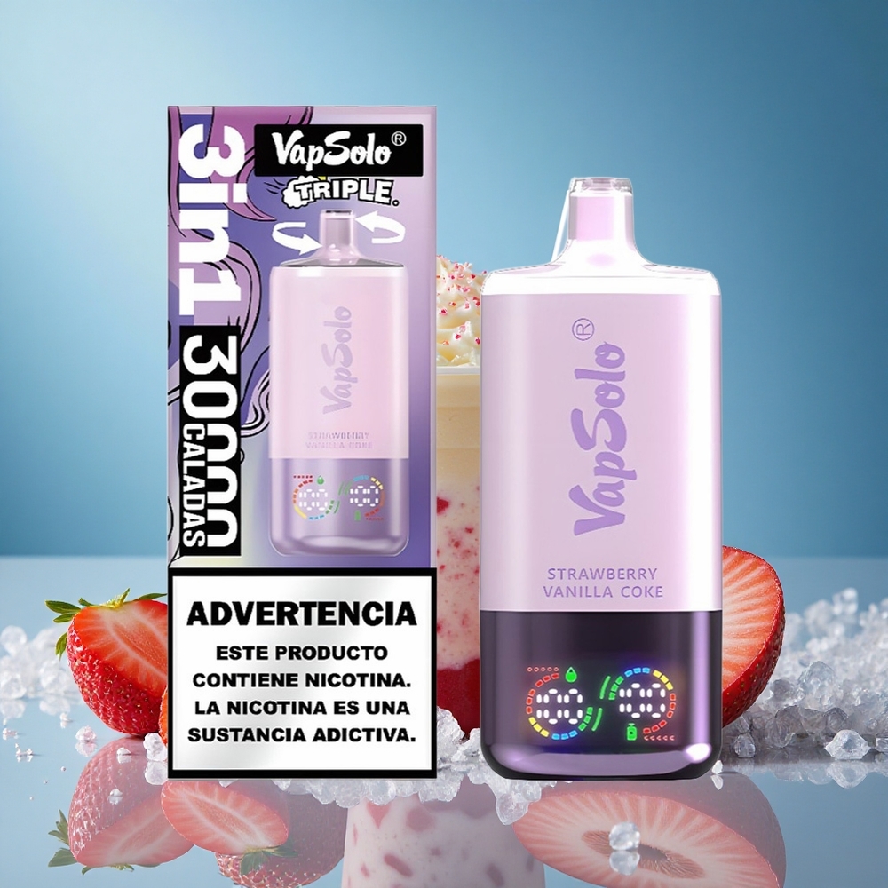 VapSolo Triple 30000 Puffs Strawberry Vanilla Coke 40ml 3-Tank Type-C grossiste puff