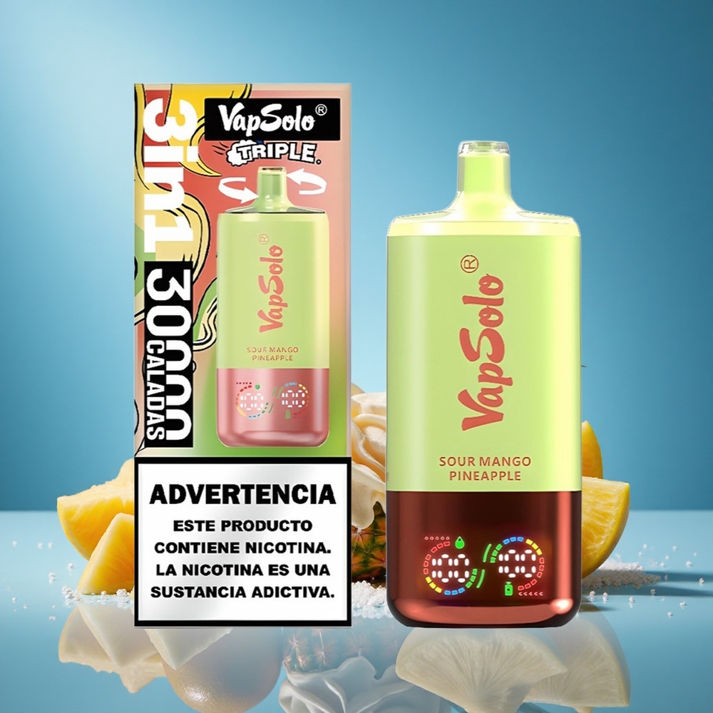 Vapsolo Triple 30000 Puffs 40ml 3 Oil Tank Type-C Disposable Vape Sour Mango Pineapple grossiste puff