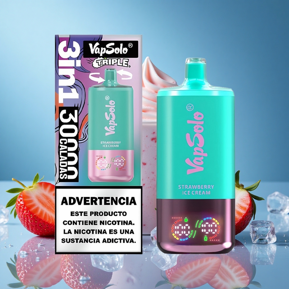 Vapsolo Triple 30000 Puffs 40ml 3 Oil Tanks Type-C Strawberry Ice Cream grossiste puff