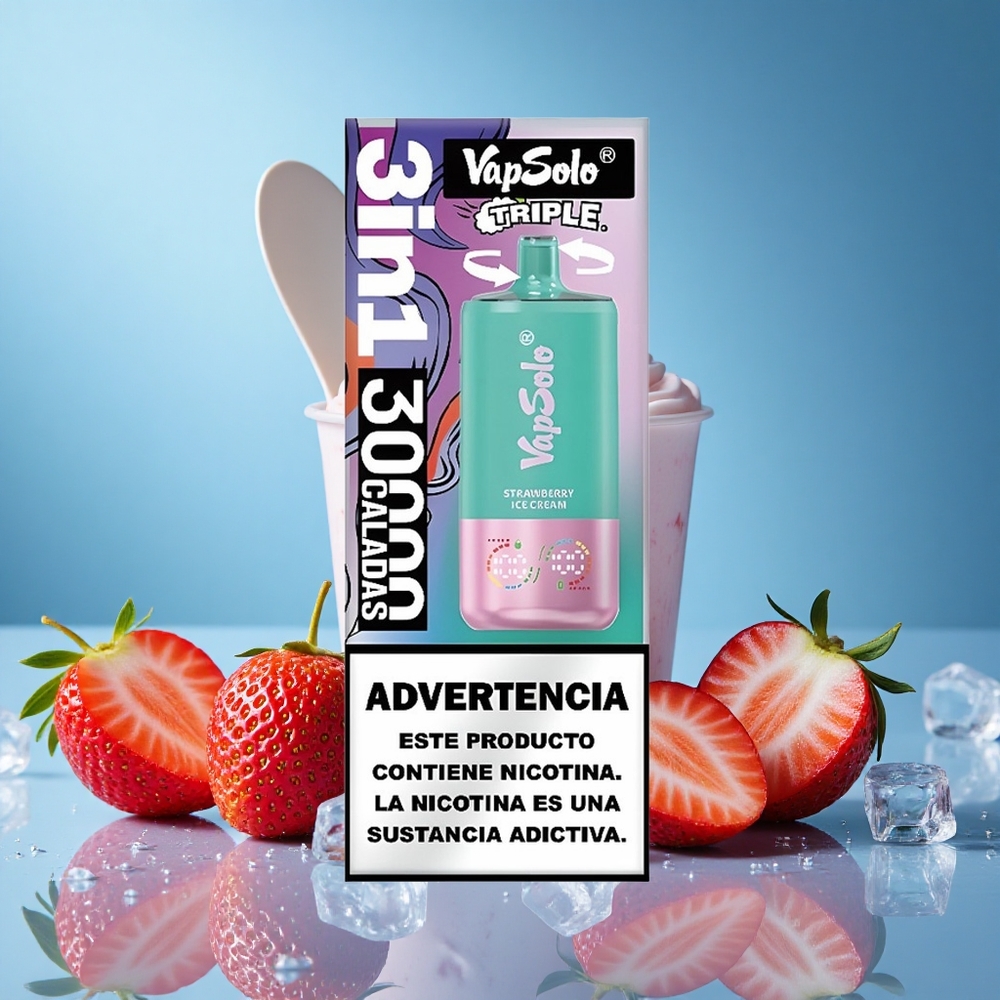 Vapsolo Triple 30000 Puffs 40ml 3 Oil Tanks Type-C Strawberry Ice Cream grossiste puff