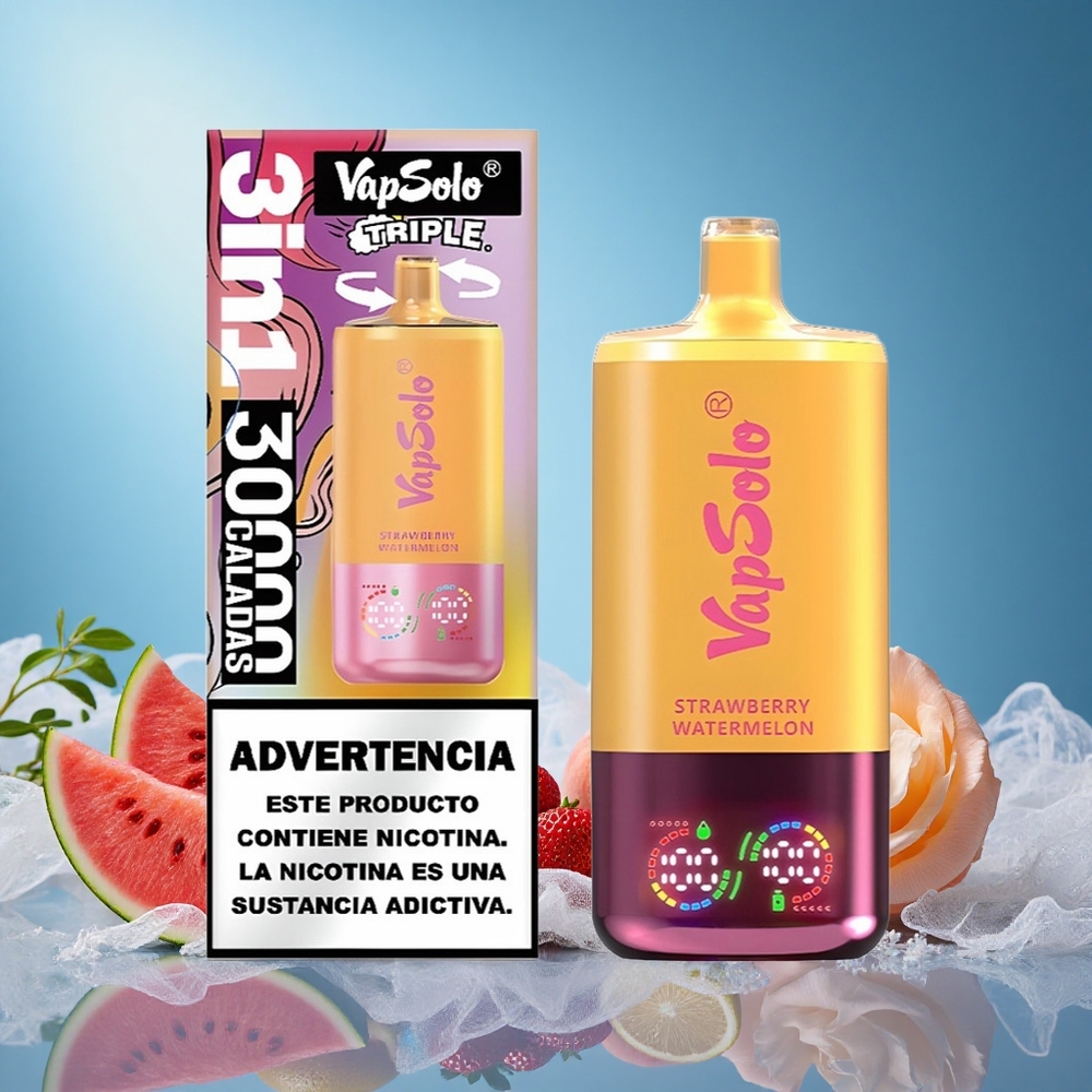 Vapsolo Triple 30000 Puffs Disposable Vape Strawberry Watermelon & Lemon Peach 40ml 20mg/50mg Type-C grossiste puff